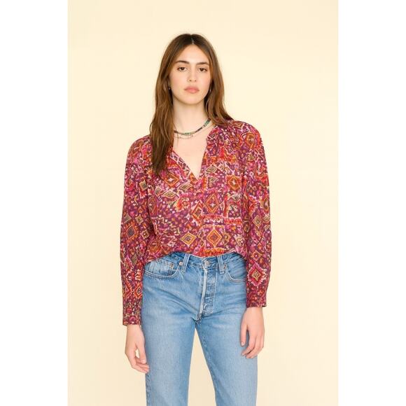 Xirena Kaleidescope Top Size S Red Pink Cotton Long Sleeve Abstract Blouse Boho - Picture 1 of 10